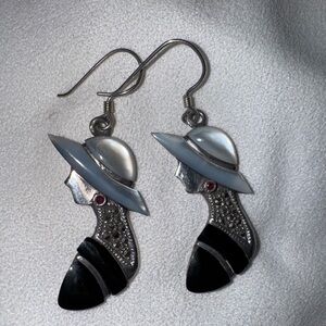 Vintage CHAPAL-ZENRAY Silver Ruby, MOP, Onyx and Marcasite Earrings 6.6g